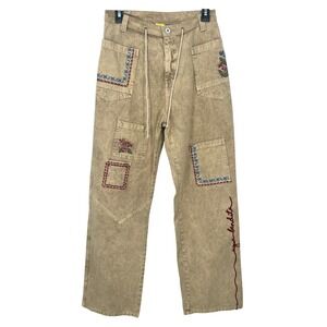 Agua Bendita Jeans Women's Size L Tan Embroidered Patchwork Drawstring Flare NEW
